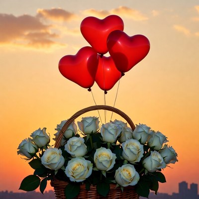 White Roses Basket with Red Heart Balloons
