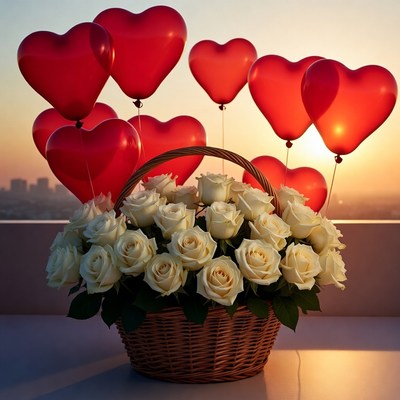 White Roses Basket with Red Heart Balloons