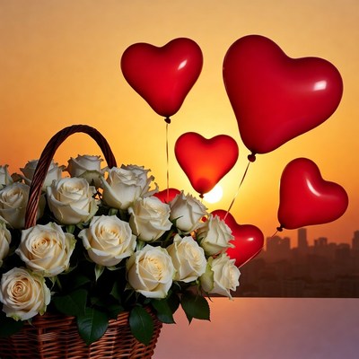 Basket of White Roses with Red Heart Balloons