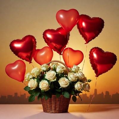 Basket of White Roses and Red Heart Balloons