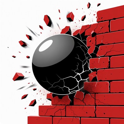 Black Cannonball Breaking Red Brick Wall