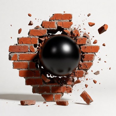 Black Ball Breaking Brick Wall