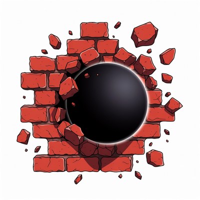 Black Ball Breaking Through Brick Wall