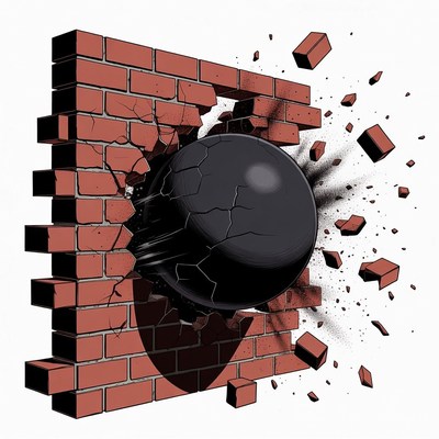 Black Ball Smashing Brick Wall