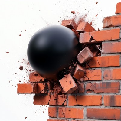Black Cannonball Smashing Brick Wall