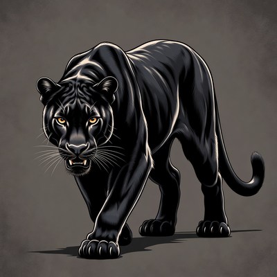 Black Panther Growling on Gray Background