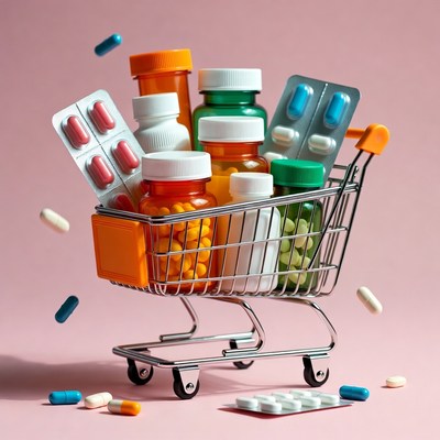 Shopping Cart Filled with Colorful Pills