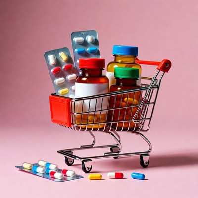 Shopping Cart Filled with Pills and Bottles