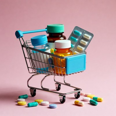 Shopping Cart Full of Medicine Bottles