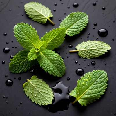Fresh Mint Leaves on Black Slate