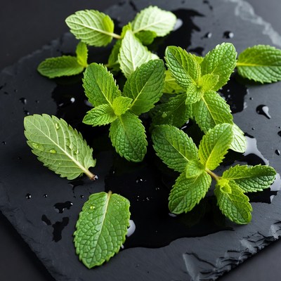 Fresh Mint Leaves on Black Slate