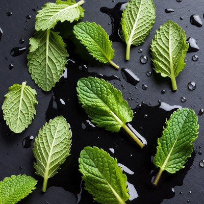 Fresh Mint Leaves on Black Slate