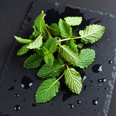 Fresh Mint Leaves on Black Slate