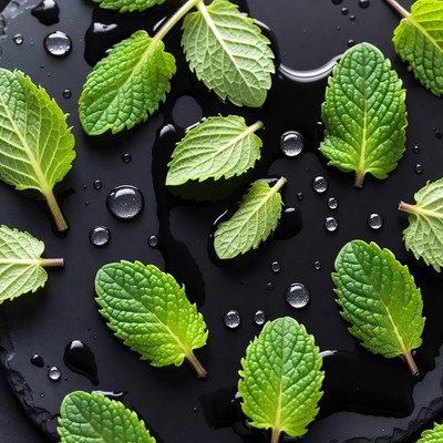 Fresh Mint Leaves on Black Wet Surface