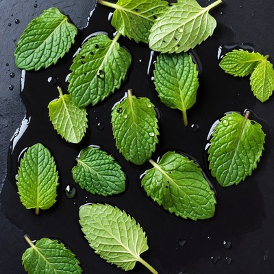 Fresh Mint Leaves on Black Slate