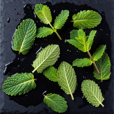 Fresh Mint Leaves on Black Slate