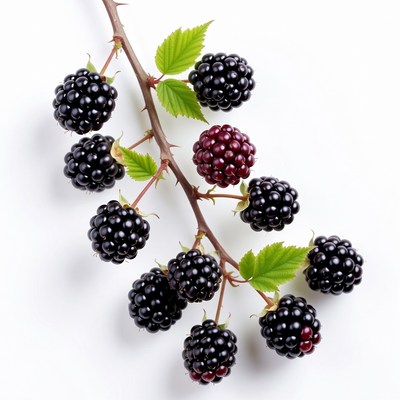 Ripe blackberries on thorny branch