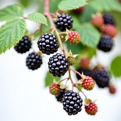Ripe blackberries on green leaves