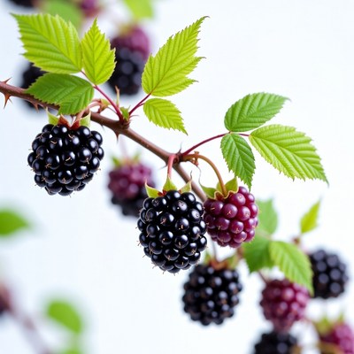 Ripe Blackberries on Green Leaves
