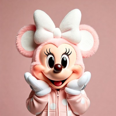 Pink Minnie Mouse smiling with paws up