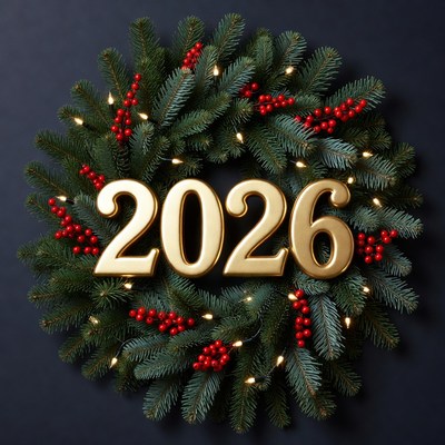 Christmas Wreath with 2026 Gold Numbers