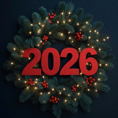 2026 Red Numbers in Christmas Wreath