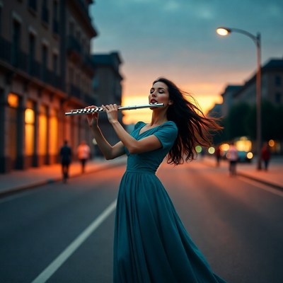 Woman playing flute on city street