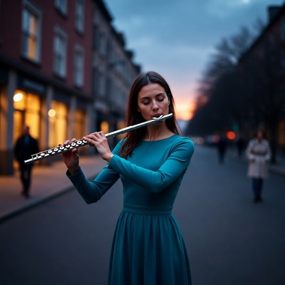 Woman playing flute on city street