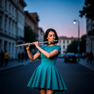 Woman playing flute on city street
