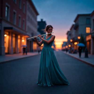 Woman playing flute on sunset street