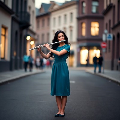 Woman playing flute on city street
