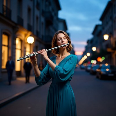 Woman playing flute on city street