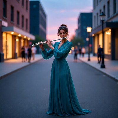 Woman playing flute on city street