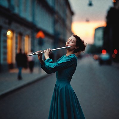 Woman playing flute on city street