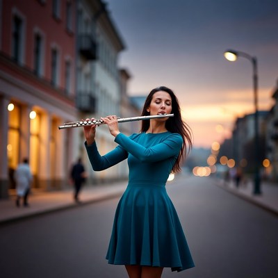 Woman playing flute on city street