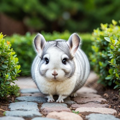 Chinchilla on stone path in garden