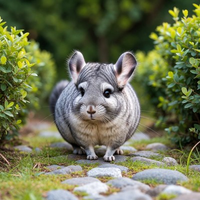 Chinchilla on garden stone path