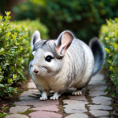 Chinchilla standing on garden path