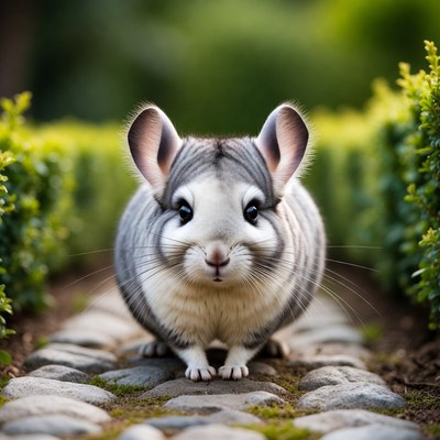 Cute chinchilla on garden path