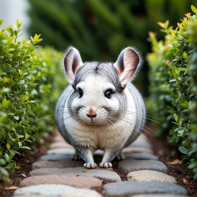 Chinchilla standing on garden path