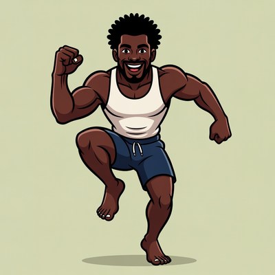 Muscular Black Man Exercising in Cartoon
