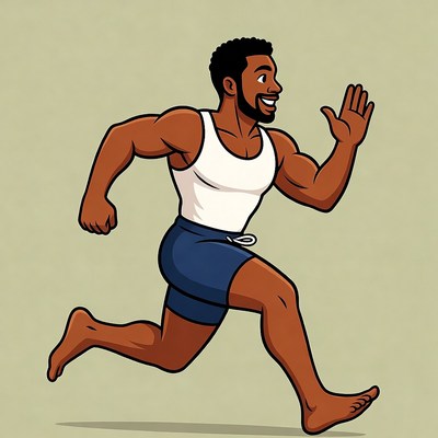 Muscular Black Man Running in Swimsuit