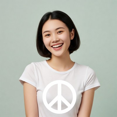 Asian woman smiling in peace sign t-shirt