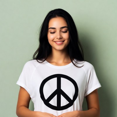 Woman in peace symbol t-shirt meditating