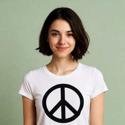 Woman wearing peace sign t-shirt