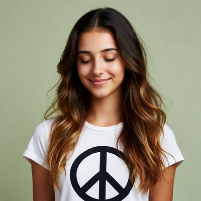 Smiling girl in peace sign t-shirt