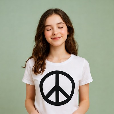 Girl smiling in peace symbol t-shirt