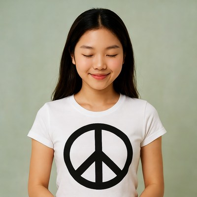 Asian girl wearing peace sign t-shirt