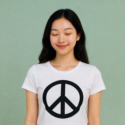 Asian woman wearing peace sign t-shirt