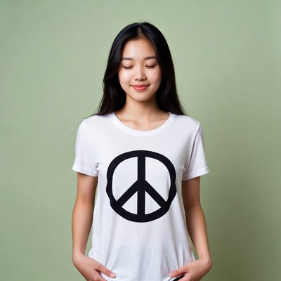 Asian woman in peace sign t-shirt